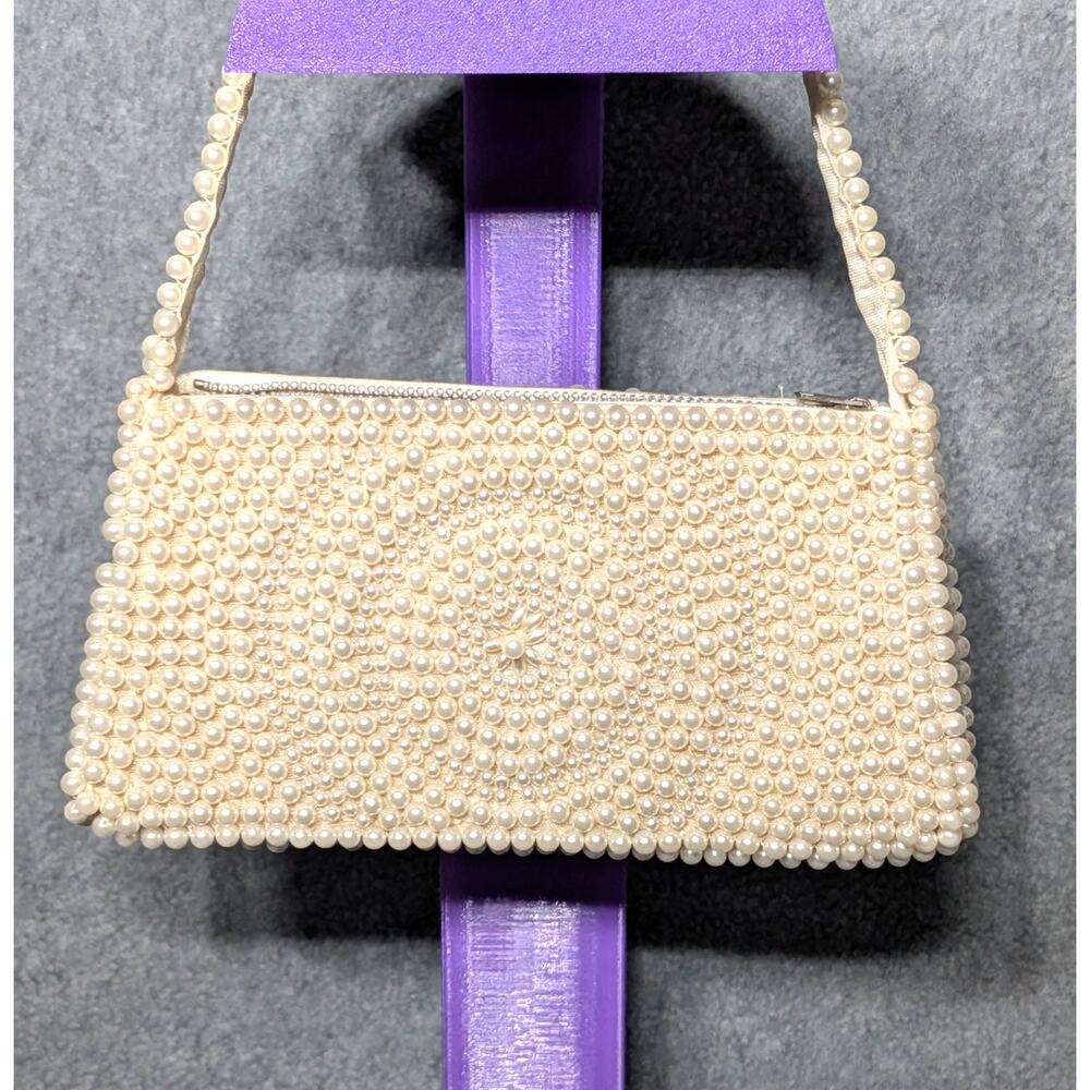 Pearl Beaded Evening Clutch Purse Women White Bridal Wedding Handbag 8x4 READ